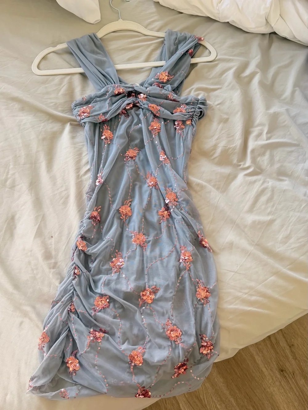 Zara Light Blue Dress with Pink Sequin Flowers
